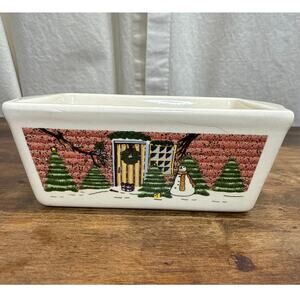 Nantucket Home Mini Ceramic Loaf Bread Pan Holiday Christmas Winter Scene 6"